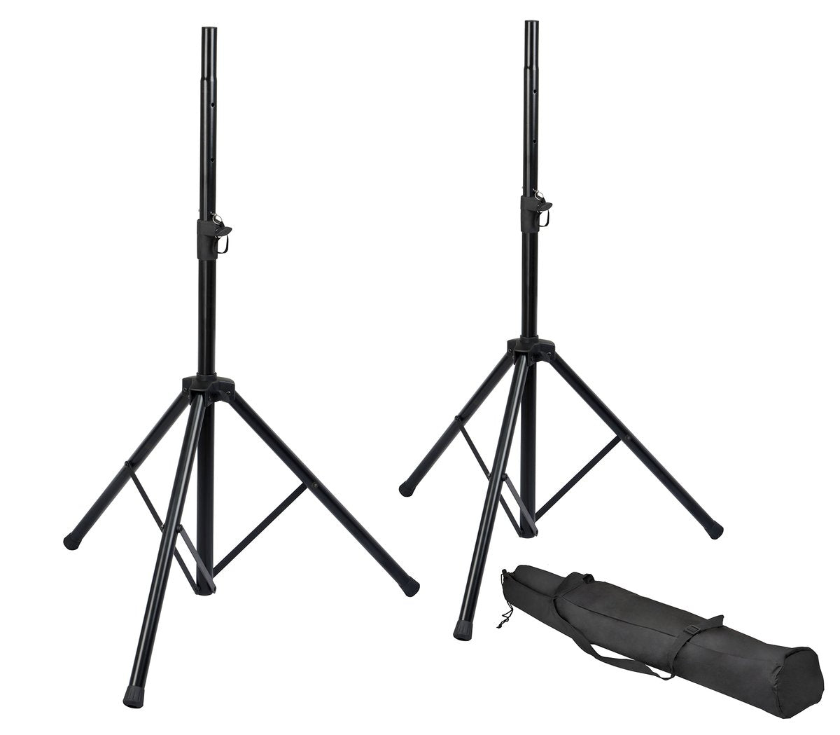 Rok-It Set of Two (2) Tripod Base Speaker Stands with Adjustable Height Twist Knob, Safety Pins and Rubber Feet. Includes Carry Bag.