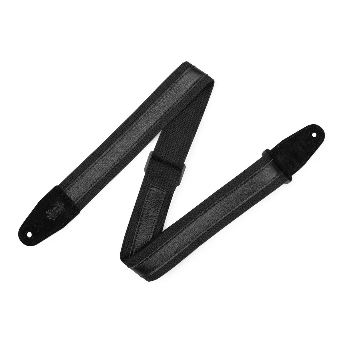 2" Black Cotton Guitar Strap Black Leather Strip