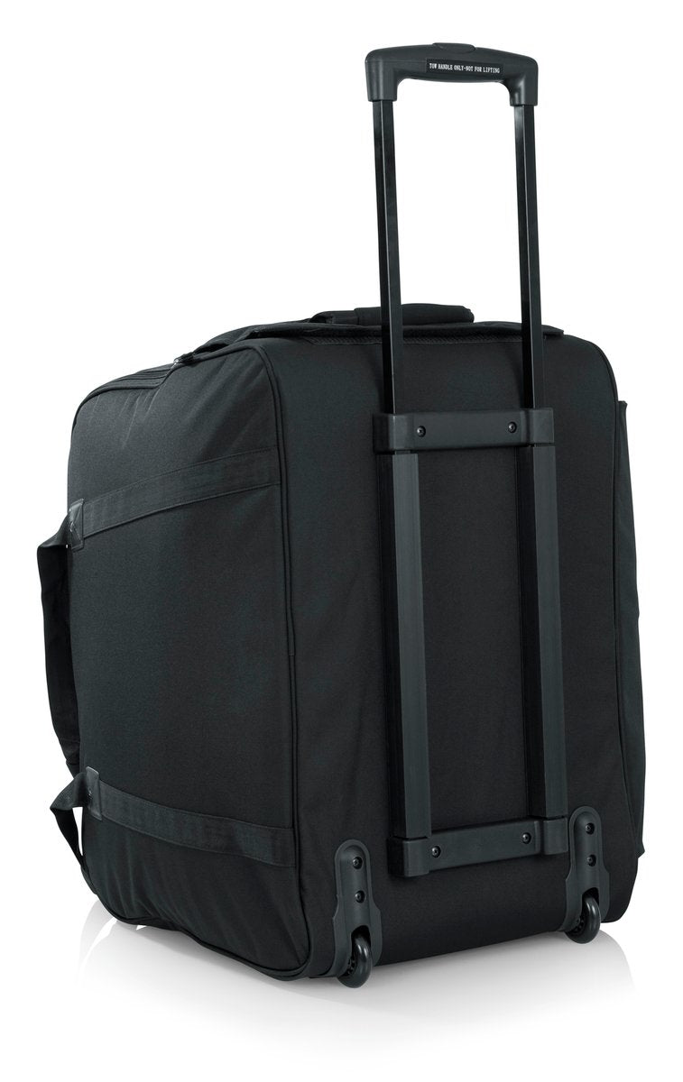 Rolling speaker bag for small format 12" speakers including QSC K12, Mackie TH-12A, JBL PRX612M, JRX112M, and SRX712M, and Behringer B2120