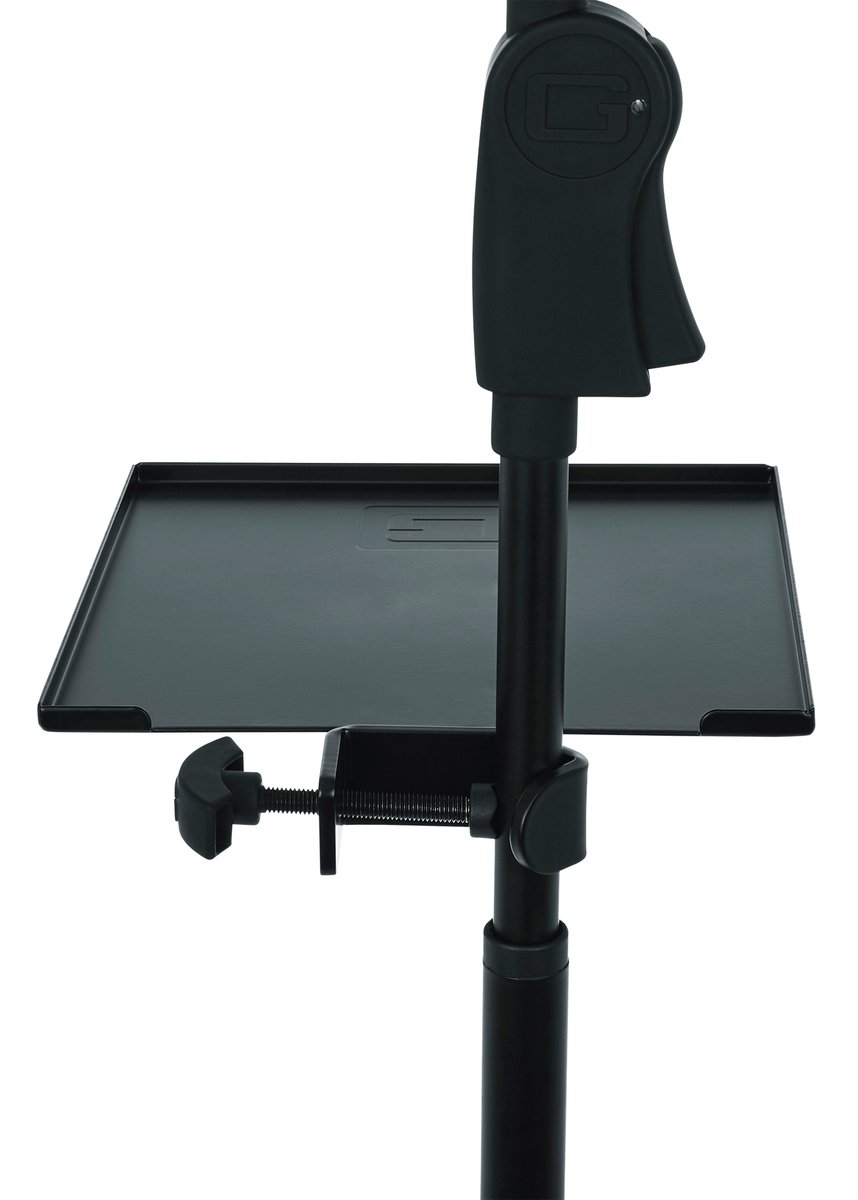 Gator Frameworks small microphone stand clamp-on utility shelf, capacity up to 10lbs.
