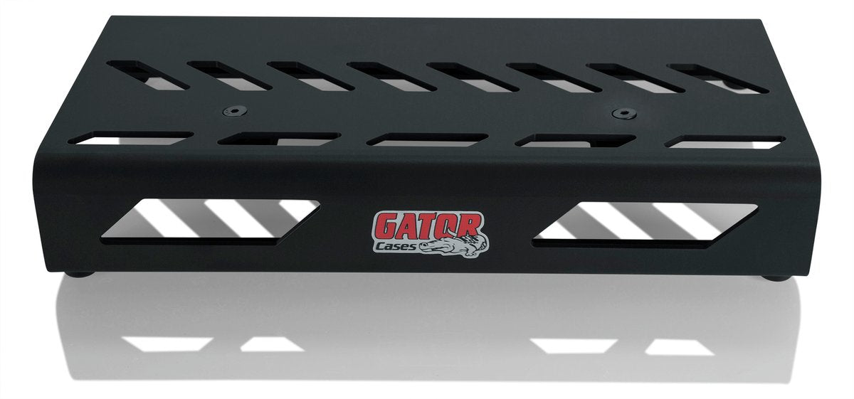 Black Small aluminum pedal board with Gator carry bag and bottom mounting power supply bracket. Power supply not included.