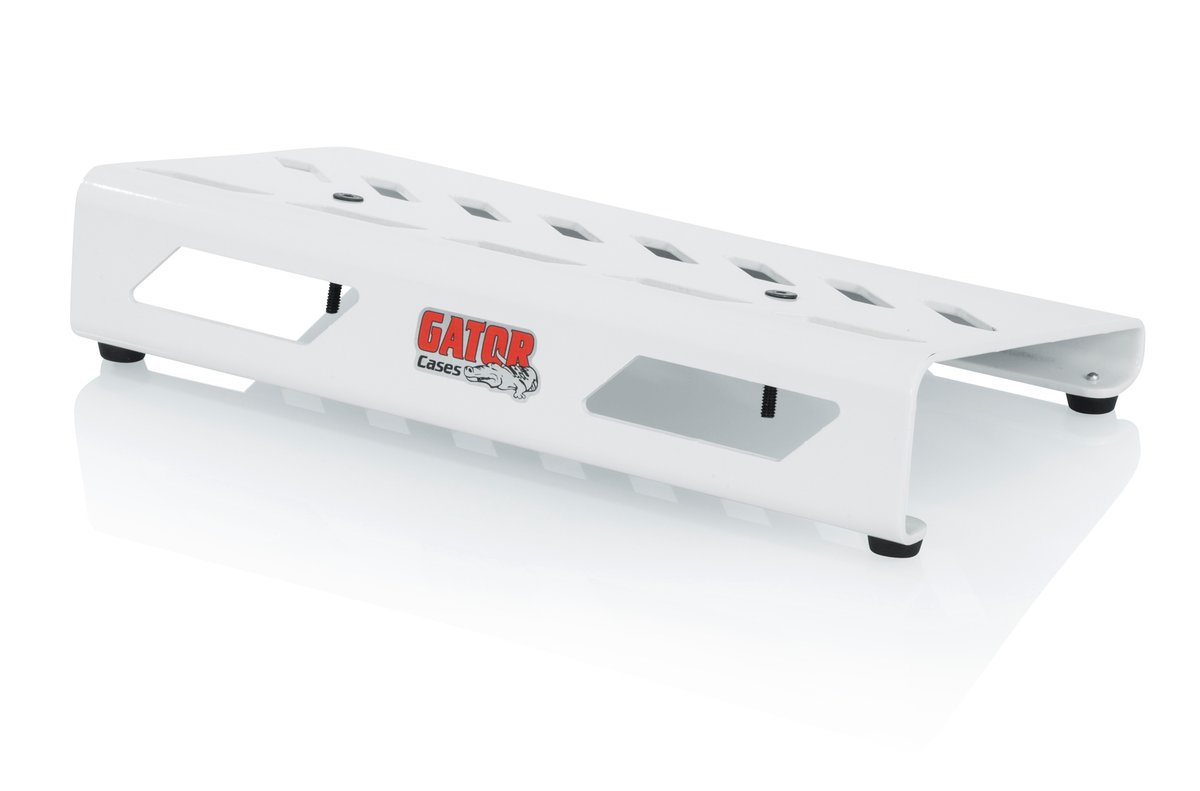 White Small aluminum pedal board with Gator carry bag and bottom mounting power supply bracket. Power supply not included.