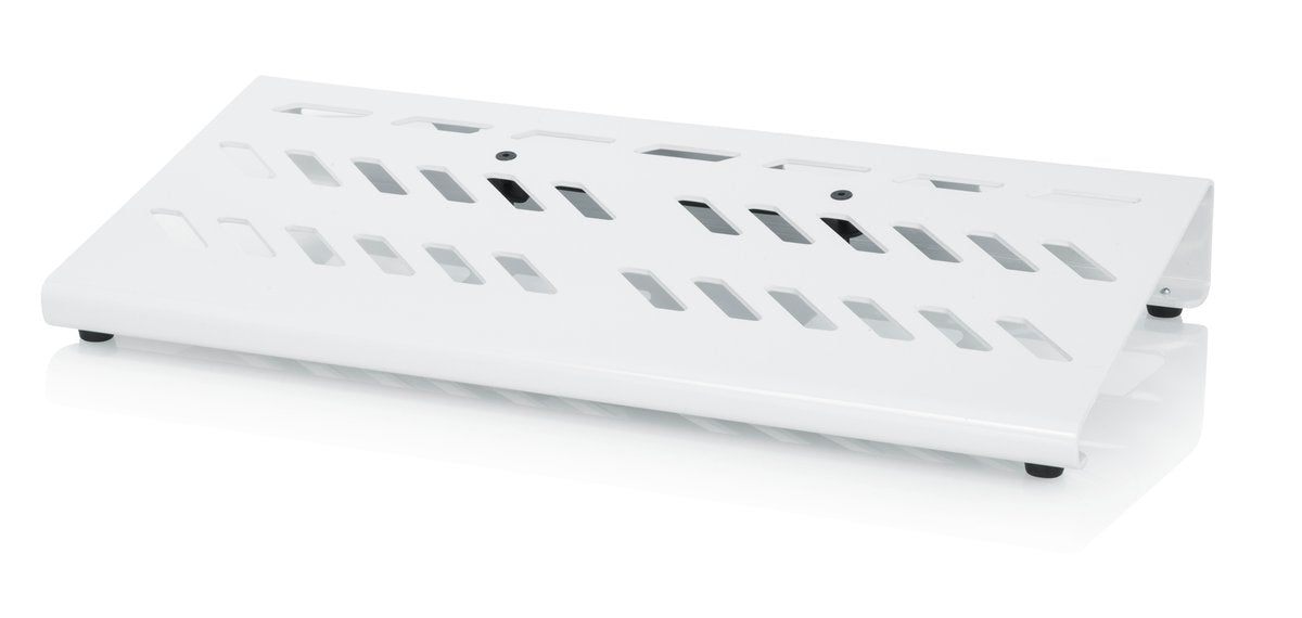 White Large aluminum pedal board with Gator carry bag and bottom mounting power supply bracket. Power supply not included.