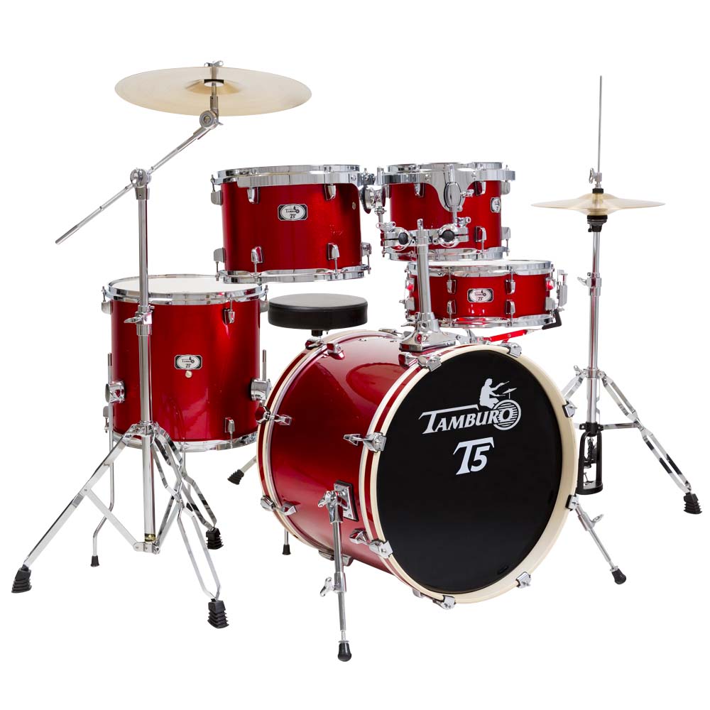 Tamburo T5 Series Complete Drum Set with Hardware Included (5-piece shell pack with Snare Drum and 18" Bass Drum) - Bright Red Sparkle