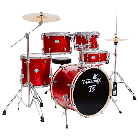 Tamburo T5 Series Complete Drum Set with Hardware Included (5-piece shell pack with Snare Drum and 22" Bass Drum) - Bright Red Sparkle
