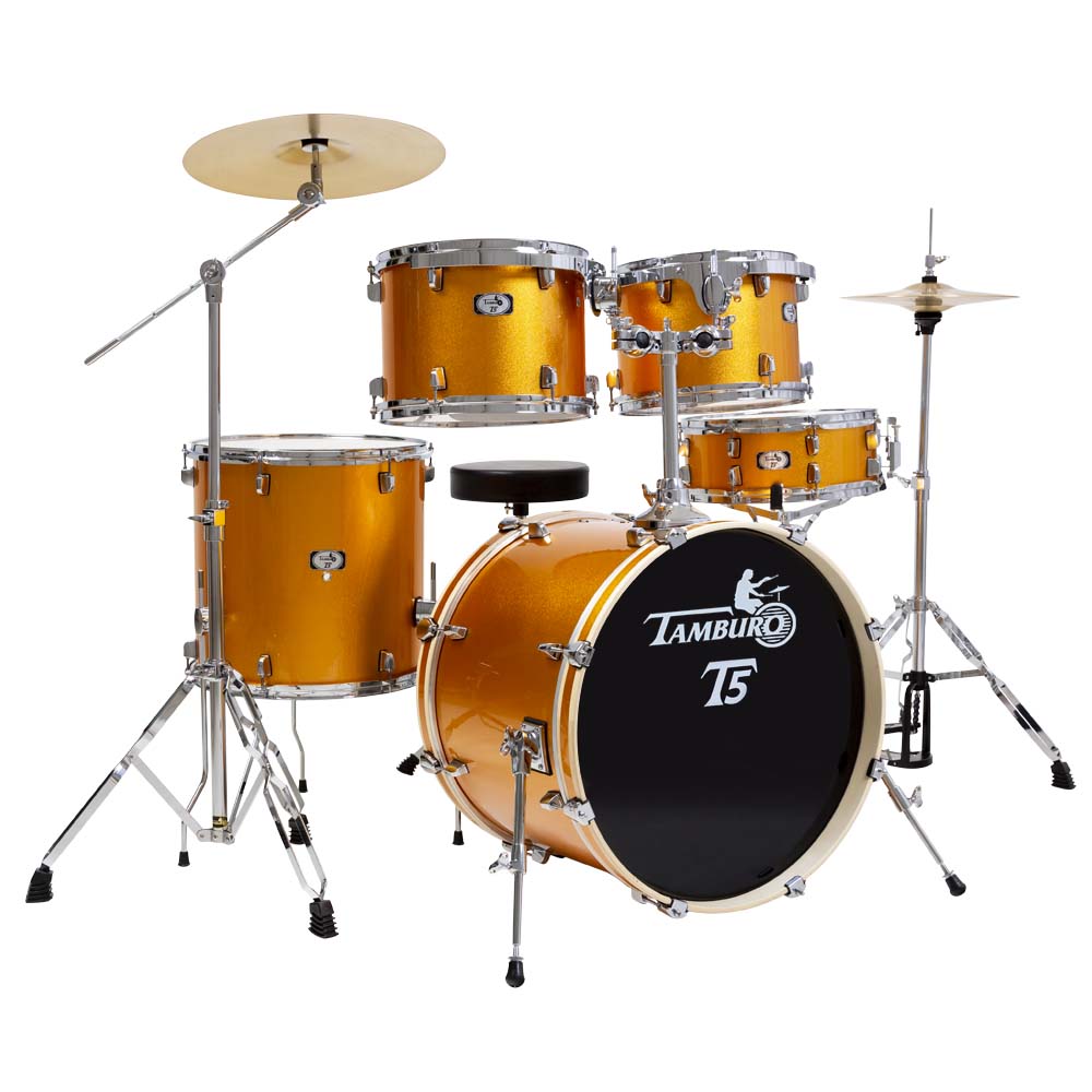 Tamburo T5 Series Complete Drum Set with Hardware Included (5-piece shell pack with Snare Drum and 18" Bass Drum) - Yellow Rust Sparkle