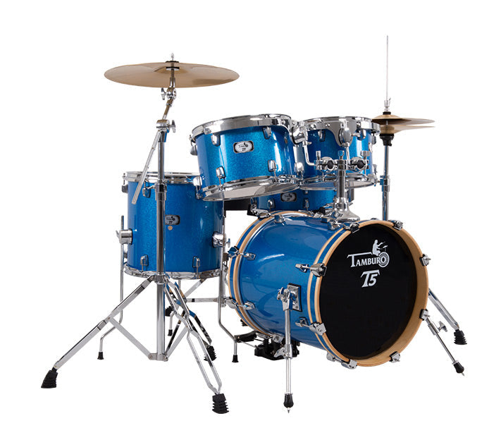 Tamburo T5 Series Complete Drum Set with Hardware Included (5-piece shell pack with Snare Drum and 16" Bass Drum) - Blue Sparkle