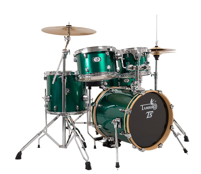 Tamburo T5 Series Complete Drum Set with Hardware Included (5-piece shell pack with Snare Drum and 20" Bass Drum) - Green Sparkle