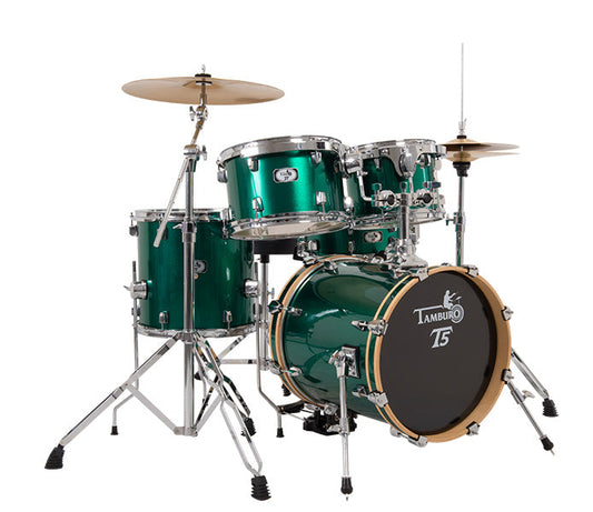 Tamburo T5 Series Complete Drum Set with Hardware Included (5-piece shell pack with Snare Drum and 16" Bass Drum) - Green Sparkle