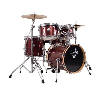 Tamburo T5 Series Complete Drum Set with Hardware Included (5-piece shell pack with Snare Drum and 22" Bass Drum) - Red Sparkle
