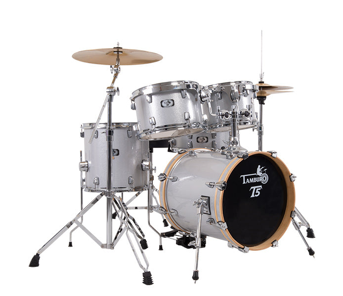 Tamburo T5 Series Complete Drum Set with Hardware Included (5-piece shell pack with Snare Drum and 16" Bass Drum) - Silver Sparkle