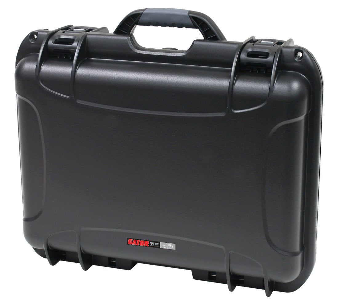Black waterproof injection molded case with interior dimensions of 17" x 11.8" x 6.4". DICED FOAM