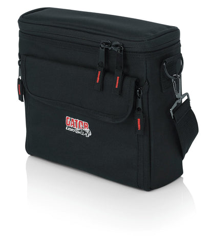 Bag to accommodate half rack wireless "In Ear" monitoring system. Storage for transmitter, ear buds, receiver body back, and power supply