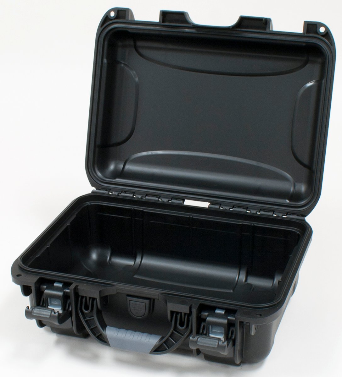 Black waterproof injection molded case with interior dimensions of 13.8" x 9.3" x 6.2". NO FOAM