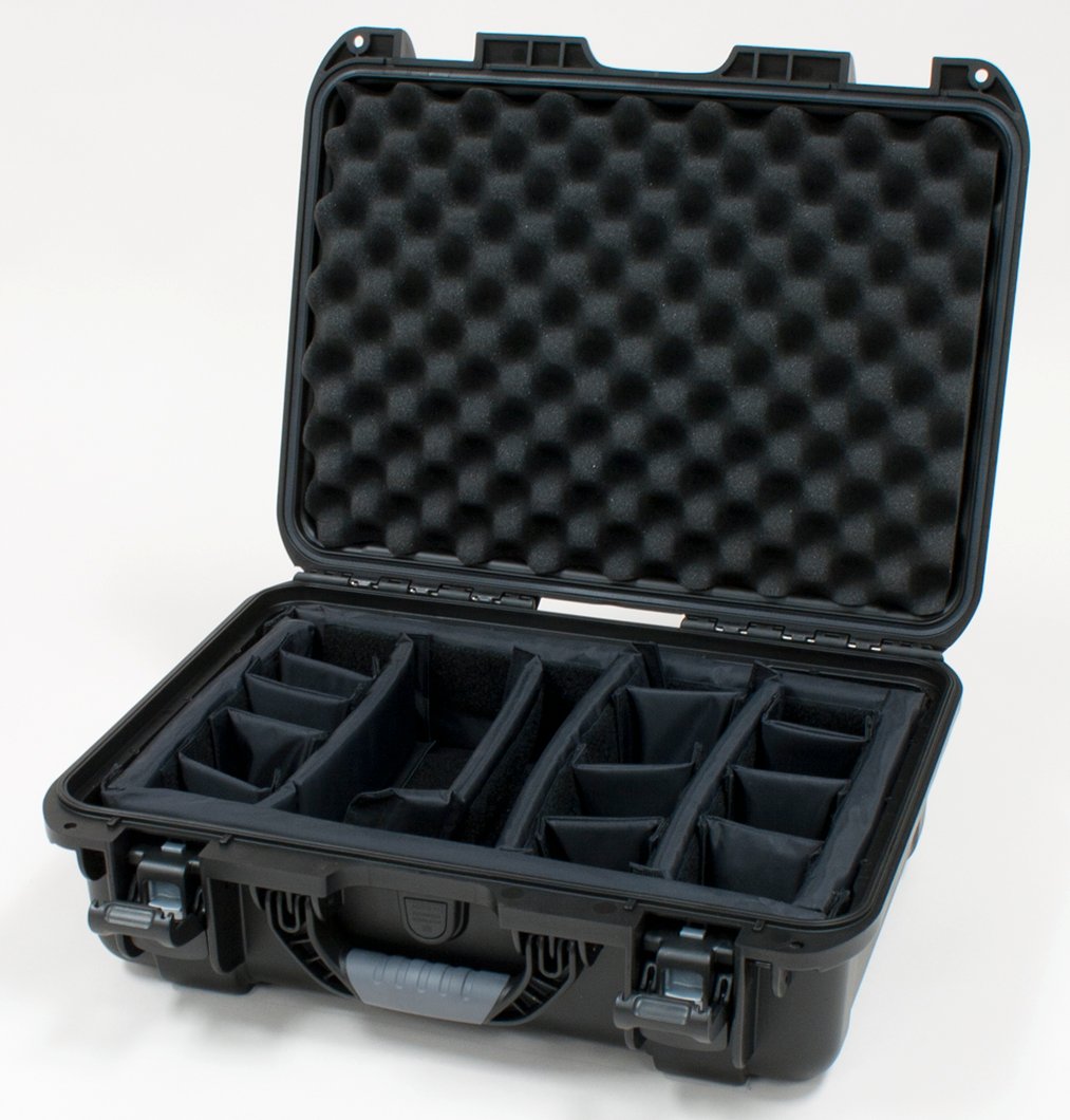 Black waterproof injection molded case with interior dimensions of 17" x 11.8" x 6.4". INTERNAL DIVIDER SYSTEM