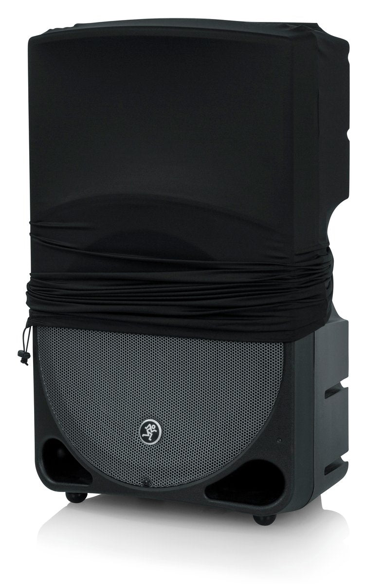 Stretchy dust cover to fit most 15" portable speaker cabinets. Black