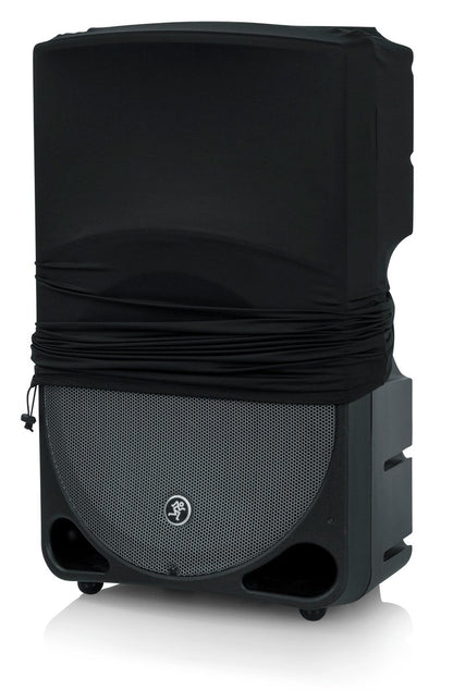 Stretchy dust cover to fit most 15" portable speaker cabinets. Black