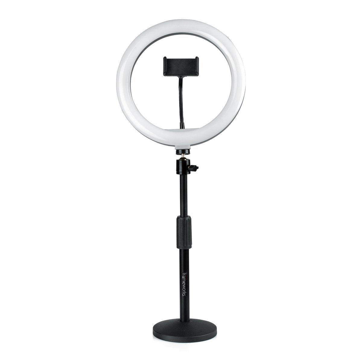 Set of Two (2) Height-Adjustable Stands with Pivoting LED Ring Lights and Universal Phone Holders