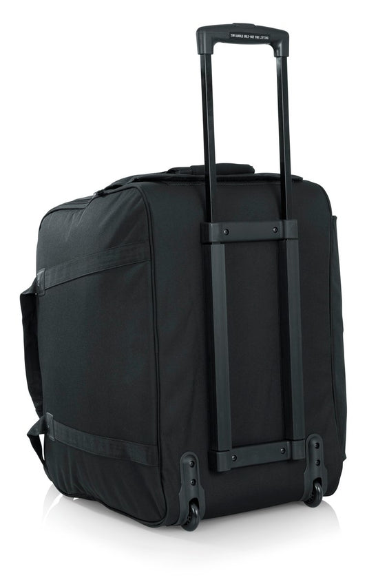 Rolling speaker bag for small format 12" speakers including QSC K12, Mackie TH-12A, JBL PRX612M, JRX112M, and SRX712M, and Behringer B2120