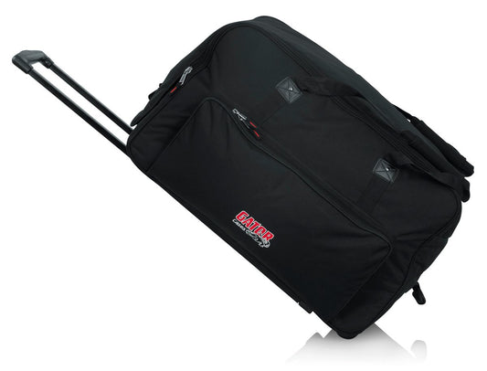 Rolling speaker bag for large format 12" speakers including Mackie SRM450v2, JBL MRX512MM, Yamaha MSR400, Peavey Impulse 12D, EV ELX112P, Behringer EUROLIVE B412DSP and Harbinger ASP12