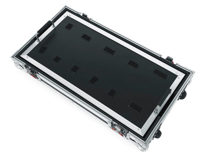 Large tour grade pedal board and flight case for 10-14 pedals. Removable 24"x11" pedal board surface and inline wheels