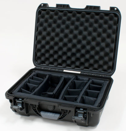 Black waterproof injection molded case with interior dimensions of 17" x 11.8" x 6.4". INTERNAL DIVIDER SYSTEM