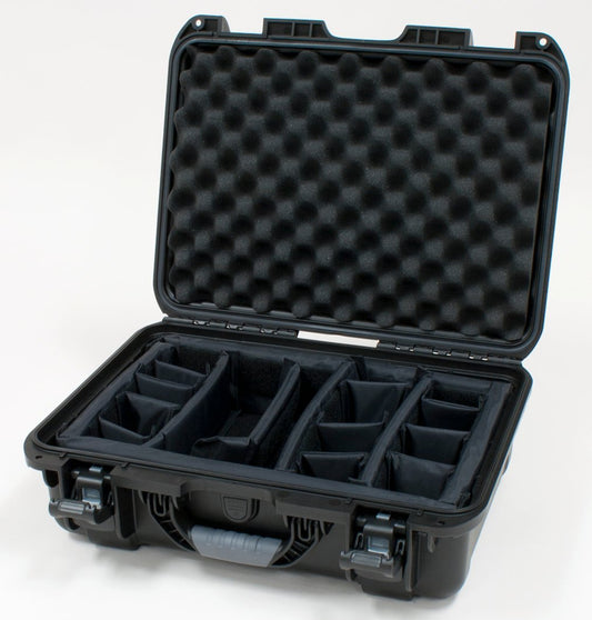 Black waterproof injection molded case with interior dimensions of 17" x 11.8" x 6.4". INTERNAL DIVIDER SYSTEM