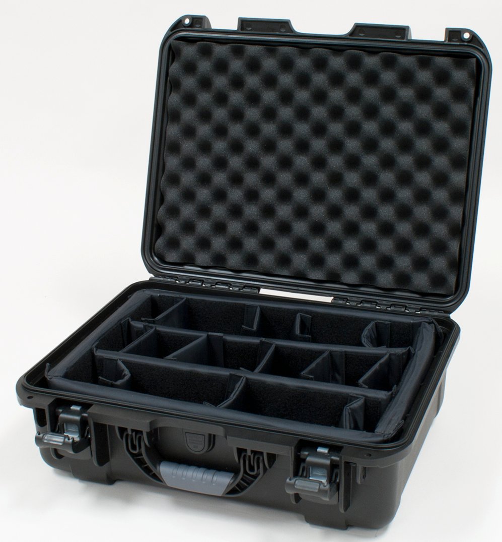 Black waterproof injection molded case with interior dimensions of 18" x 13" x 6.9". INTERNAL DIVIDER SYSTEM