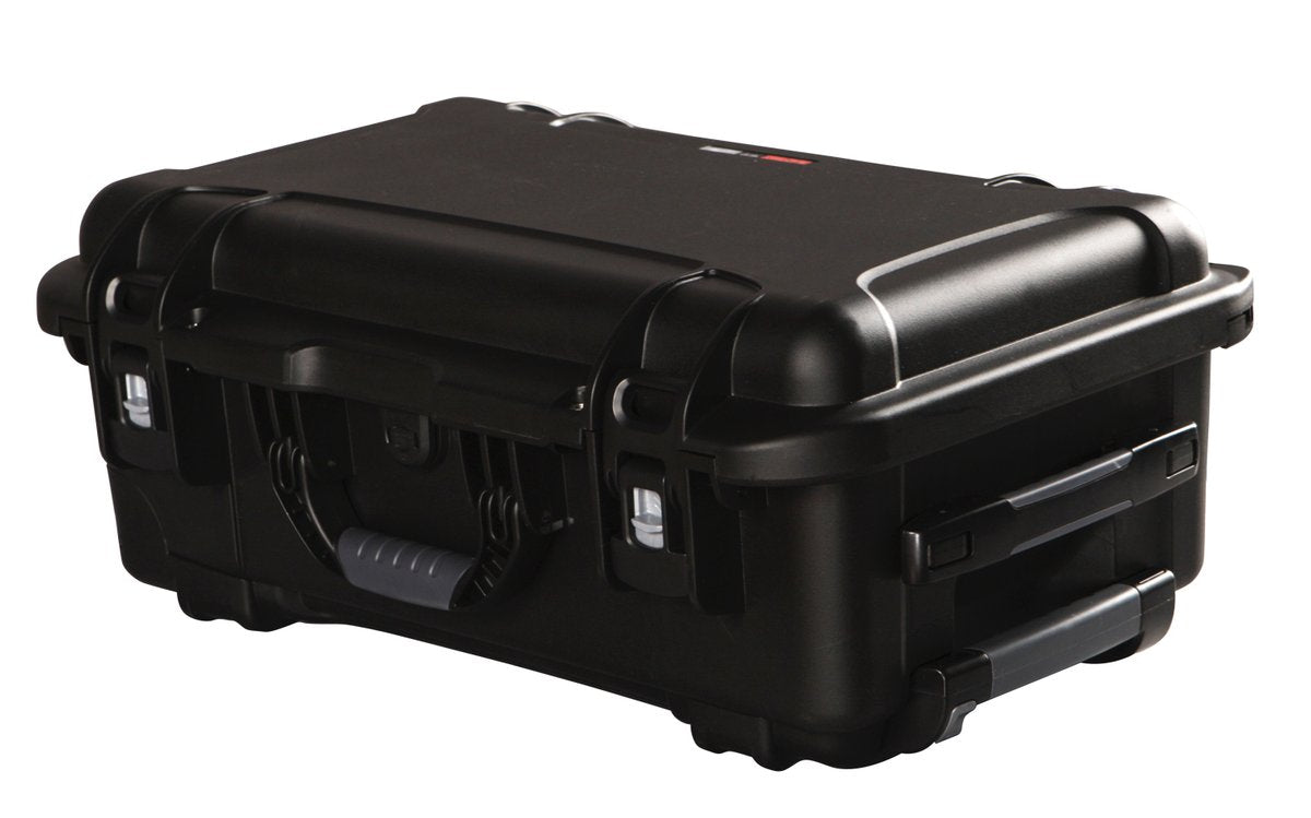 Black waterproof injection molded case with pullout handle and inline wheels. Interior dimensions of 20.5" x 11.3" x 7.5". NO FOAM