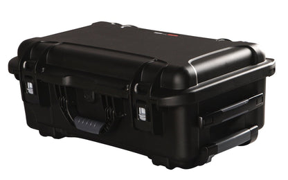 Black waterproof injection molded case with pullout handle and inline wheels. Interior dimensions of 20.5" x 11.3" x 7.5". NO FOAM