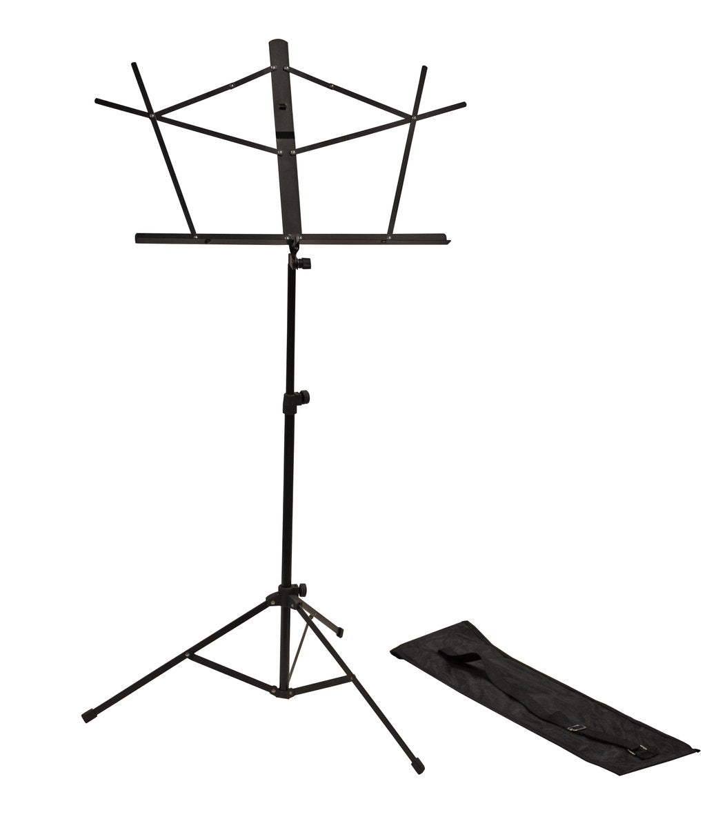 Rok-It Folding Sheet Music Stand with Detachable Bookplate; Leg Assembly Secures Into Place with a Locking Mechanism; Includes carry bag.