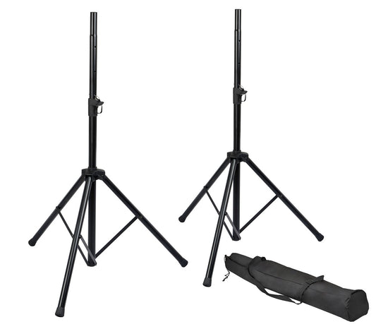 Rok-It Set of Two (2) Tripod Base Speaker Stands with Adjustable Height Twist Knob, Safety Pins and Rubber Feet. Includes Carry Bag.