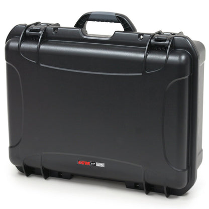 Black waterproof injection molded case with interior dimensions of 20" x 14" x 8". INTERNAL DIVIDER SYSTEM