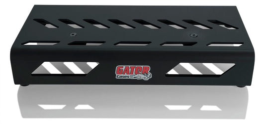 Black Small aluminum pedal board with Gator carry bag and bottom mounting power supply bracket. Power supply not included.