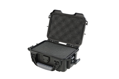 Black Waterproof Injection molded case, with interior dimensions of 7.4" x 4.9" x 3.1". DICED FOAM