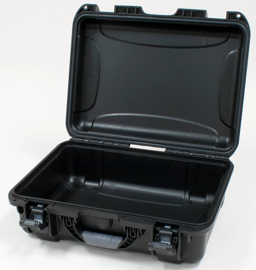 Black waterproof injection molded case with interior dimensions of 17" x 11.8" x 6.4". NO FOAM