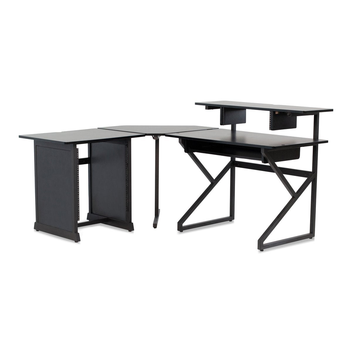 Content Creator Furniture Series Desk Set in Black Finish with Main Desk, Corner Section & 12U Studio Rack Table