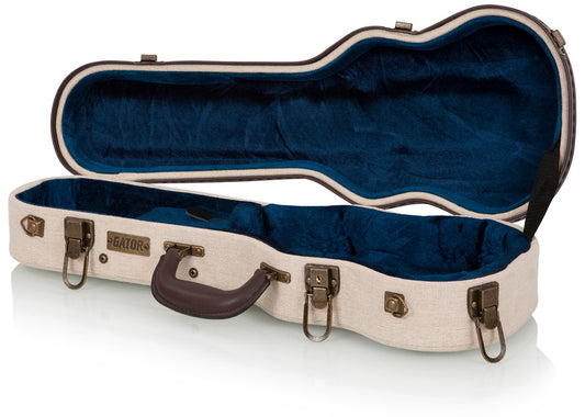 Deluxe Wood Case for Soprano Style Ukulele; Journeyman Burlap Exterior