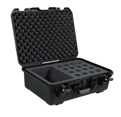 Black waterproof injection molded case with foam insert to accommodate 16 handheld mics and accessories